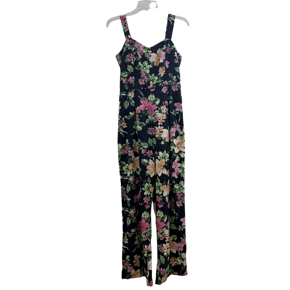 Old Navy Dark Floral Boho Cottagecore Smocked Wide Leg Jumpsuit XS‎ Linen Blend